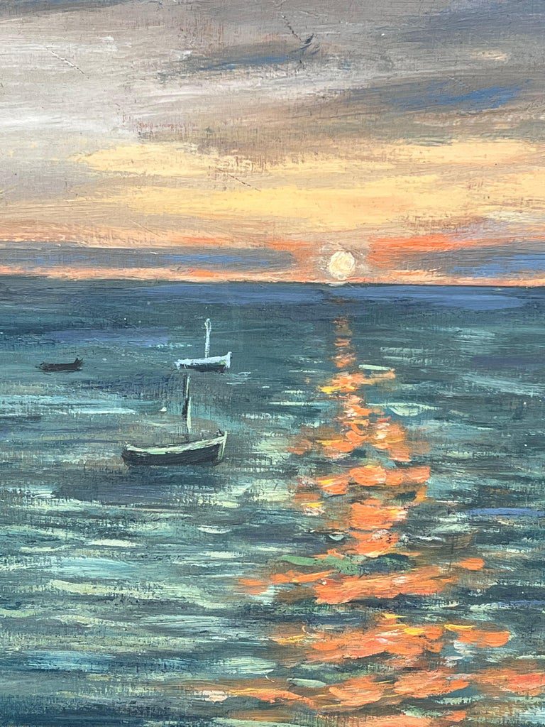 Dappled Orange Sunset On The Bright Boat Blue Sea French Landscape Oil Painting - Image 7