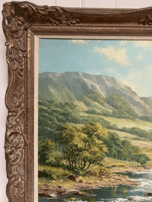 Large Traditional English Summer River Landscape Oil Painting Harvest & Picnic - Image 3