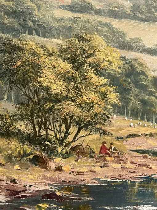 Large Traditional English Summer River Landscape Oil Painting Harvest & Picnic - Image 7