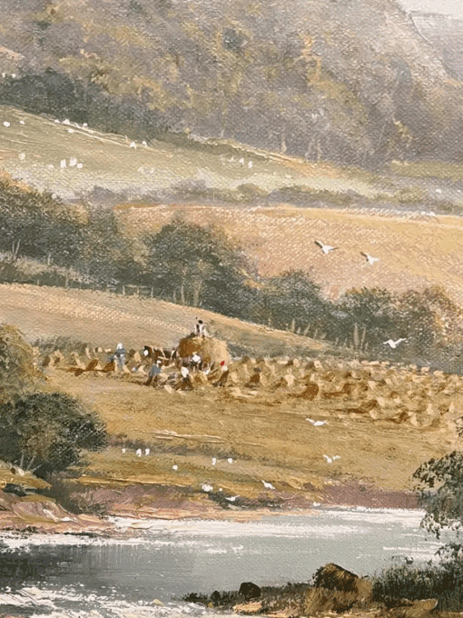Large Traditional English Summer River Landscape Oil Painting Harvest & Picnic - Image 9