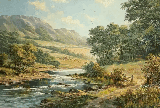 Large Traditional English Summer River Landscape Oil Painting Harvest & Picnic - Image 2