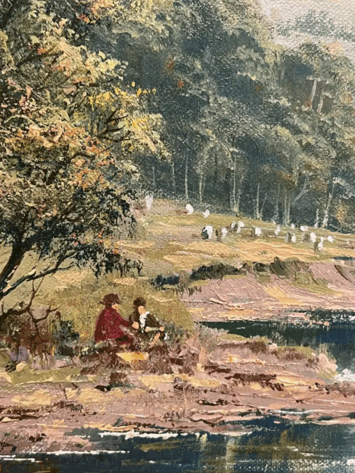 Large Traditional English Summer River Landscape Oil Painting Harvest & Picnic - Image 12