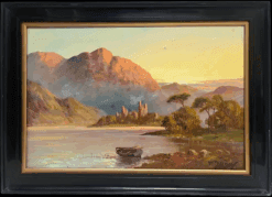 Antique Scottish Painting Highlands Ancient Castle Ruins Sunset over the Loch