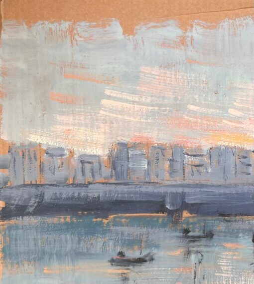 French Harbour Scene with Moored Boats and Distant Cityscape at Sunset - Image 5