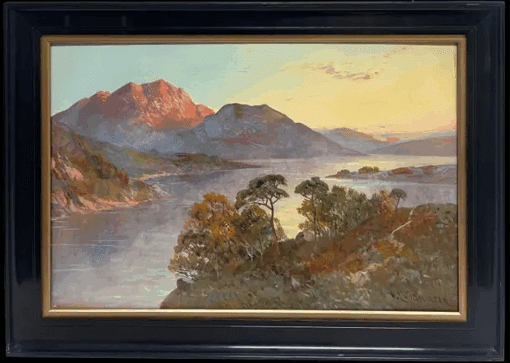 Antique Scottish Highlands Oil Painting Sunset over Highland Loch Lomond
