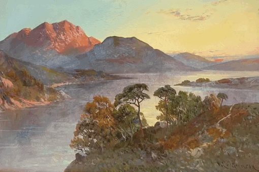 Antique Scottish Highlands Oil Painting Sunset over Highland Loch Lomond - Image 2