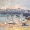 French Harbour Scene with Moored Boats and Distant Cityscape at Sunset