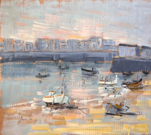 French Harbour Scene with Moored Boats and Distant Cityscape at Sunset