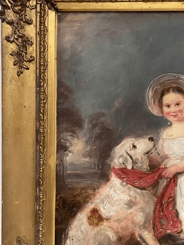 Large Victorian English Oil Painting Young Girl Country House Steps with Her Dog - Image 3