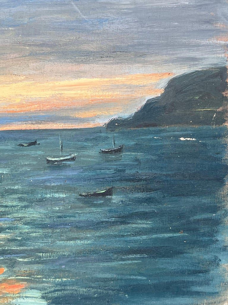 Dappled Orange Sunset On The Bright Boat Blue Sea French Landscape Oil Painting - Image 6