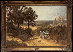 Traditional English Rural Landscape Horse & Cart with Figures & Dog Large Oil