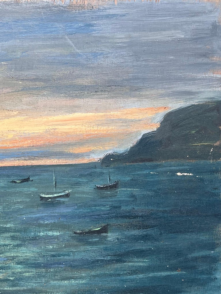 Dappled Orange Sunset On The Bright Boat Blue Sea French Landscape Oil Painting - Image 5