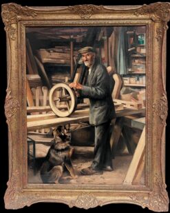 Traditional English Signed Oil Painting Portrait of Carpenter in Workshop
