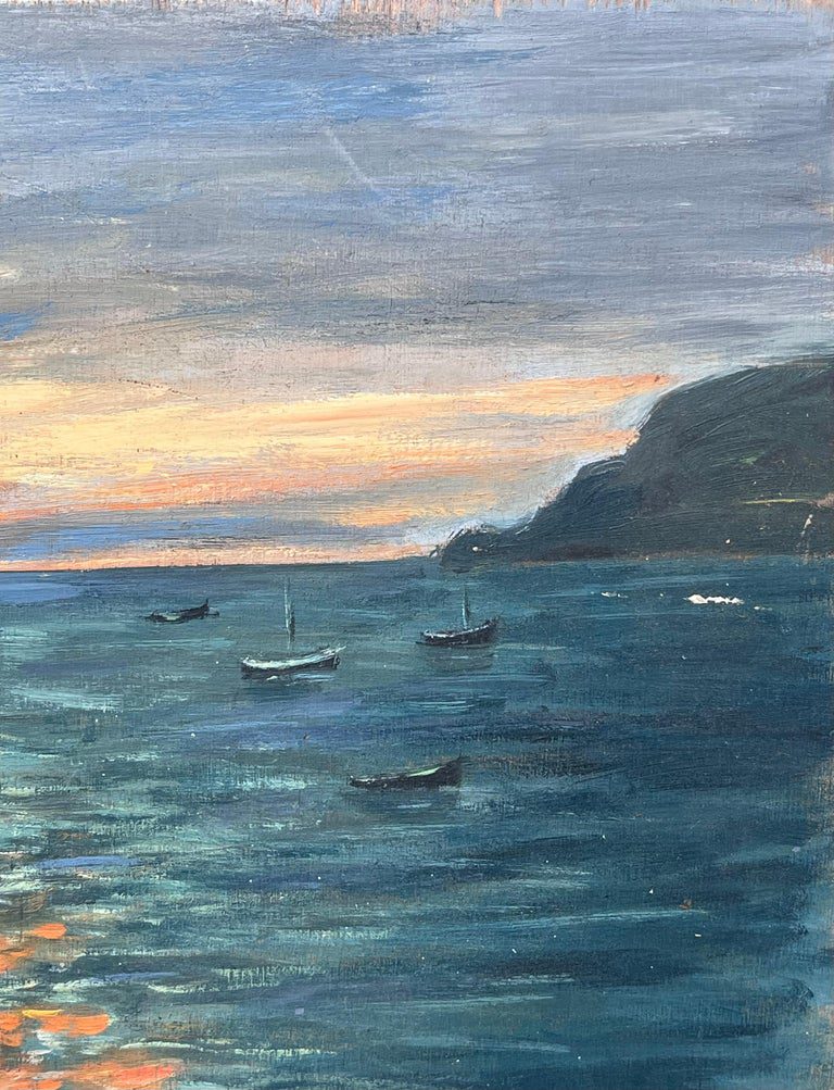 Dappled Orange Sunset On The Bright Boat Blue Sea French Landscape Oil Painting - Image 4