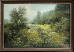 Large Traditional English Countryside Oil Painting Picking Flowers Wild Meadows