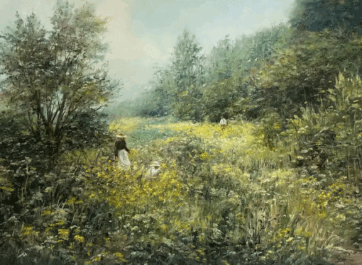 Large Traditional English Countryside Oil Painting Picking Flowers Wild Meadows - Image 2