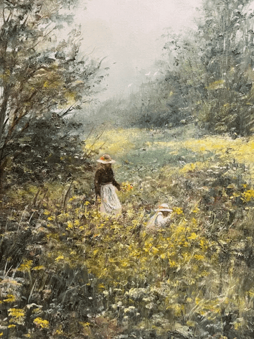 Large Traditional English Countryside Oil Painting Picking Flowers Wild Meadows - Image 5