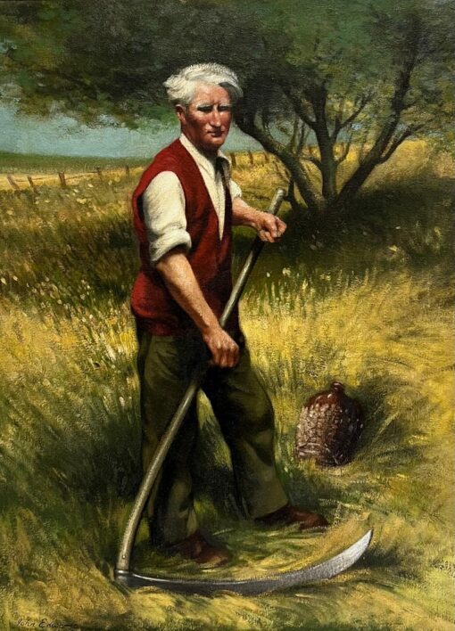 Traditional Rural English Signed Oil Painting Hay Cutting Portrait with Scythe - Image 4