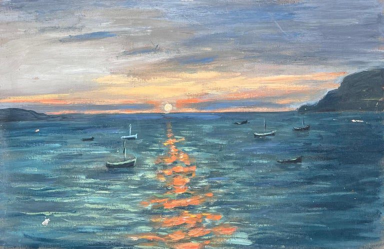 Dappled Orange Sunset On The Bright Boat Blue Sea French Landscape Oil Painting
