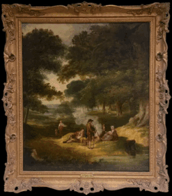 Fine Georgian English Oil Painting Travellers in Wooded Rural Landscape Framed