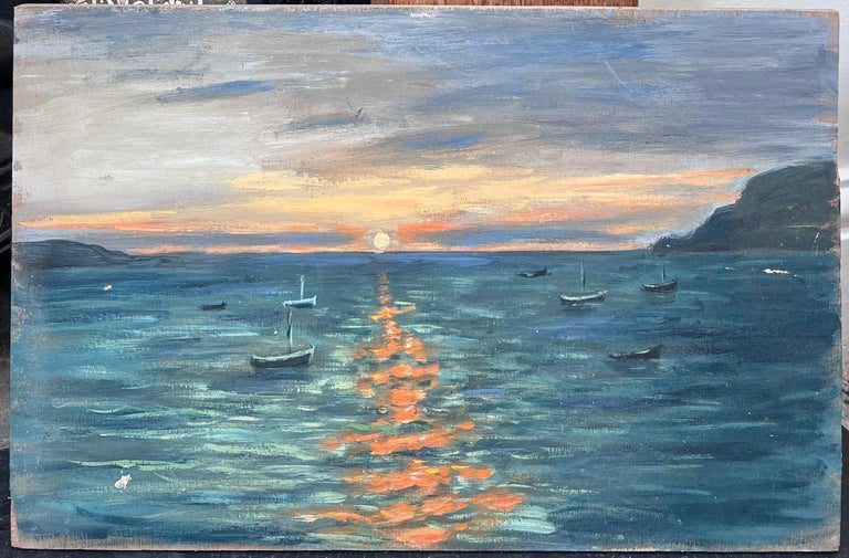 Dappled Orange Sunset On The Bright Boat Blue Sea French Landscape Oil Painting - Image 2