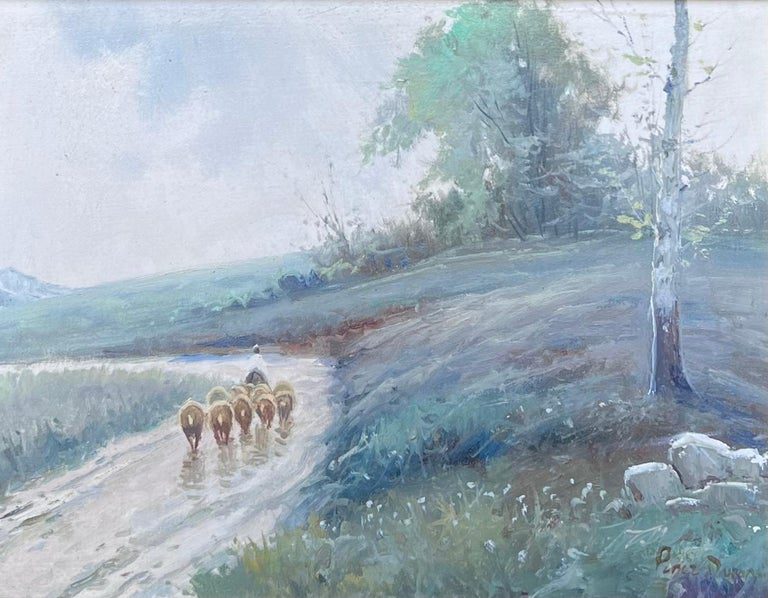 Shepherd & Sheep Misty French Landscape Rural Country Lane Signed Oil Painting - Image 2