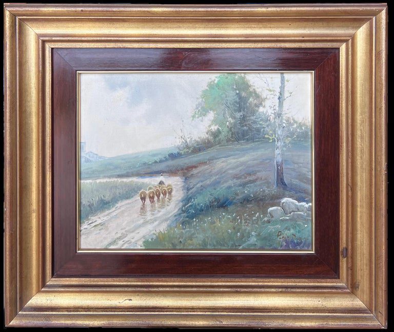 Shepherd & Sheep Misty French Landscape Rural Country Lane Signed Oil Painting