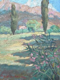 Mid 20th Century French Impressionist Oil Painting Provence Landscape Trees