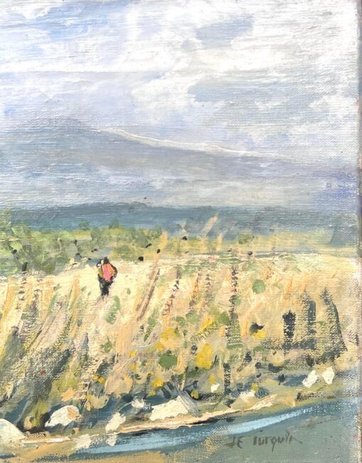 1950's French Signed Oil Painting Figure Walking Wild Flower Meadows - Image 4