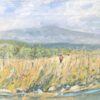 1950's French Signed Oil Painting Figure Walking Wild Flower Meadows