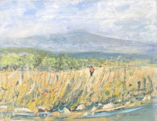 1950's French Signed Oil Painting Figure Walking Wild Flower Meadows