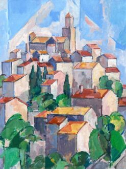 Provencal Hill Top Perched Village Cubist Signed 1950's French Oil Painting