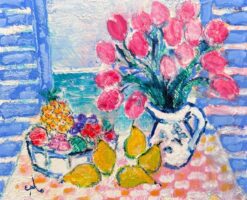 Tulips & Lemons in Sunny Window Mediterranean Sea Signed French Oil Painting
