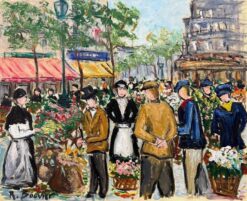 Paris Flower Market Busy Street Scene 20th Century Signed French Oil Painting