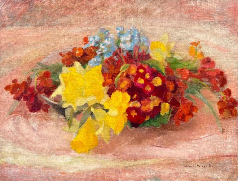 Beautiful Vintage French Oil Painting Still Life Flowers on Table Top, Large oil