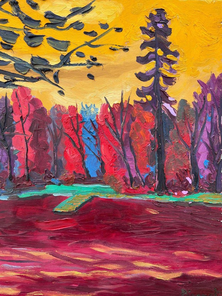 1990's French Modernist Signed Oil The Lake at Enghien Colorful Trees - Image 3