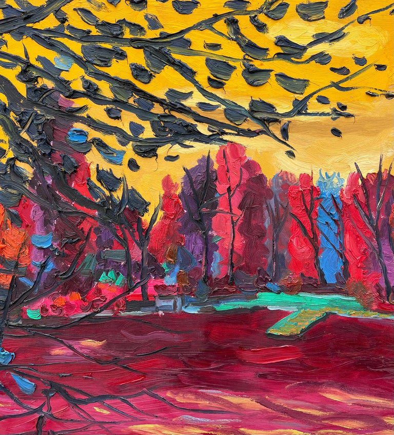 1990's French Modernist Signed Oil The Lake at Enghien Colorful Trees - Image 4
