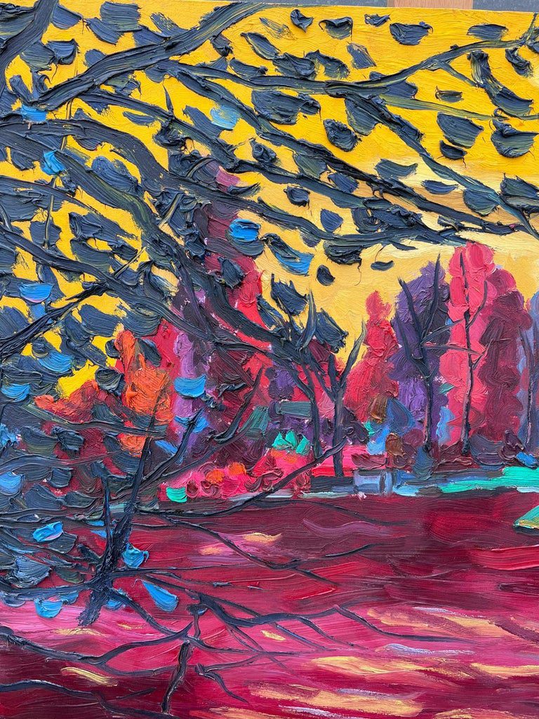 1990's French Modernist Signed Oil The Lake at Enghien Colorful Trees - Image 6