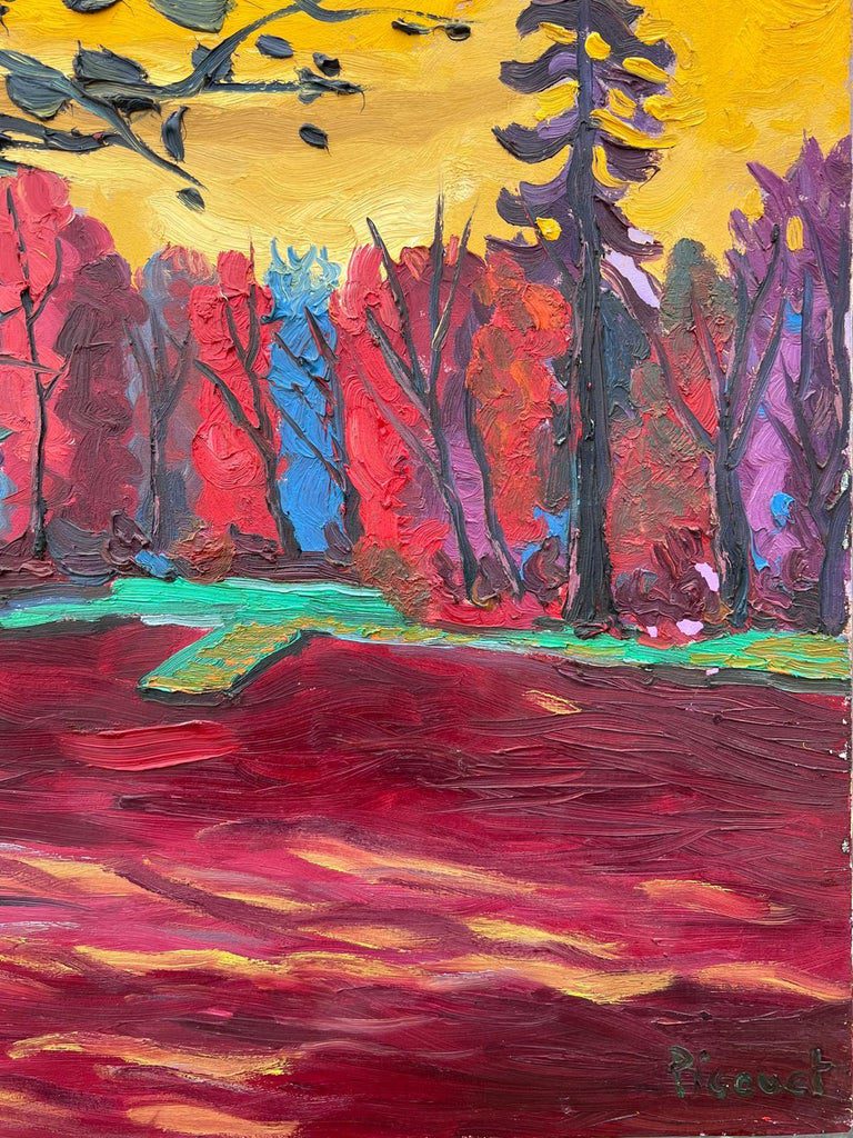 1990's French Modernist Signed Oil The Lake at Enghien Colorful Trees - Image 8