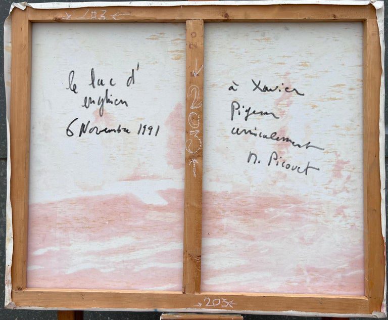 1990's French Modernist Signed Oil The Lake at Enghien Colorful Trees - Image 11