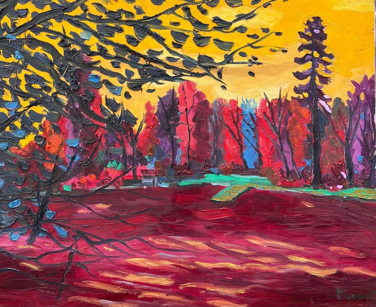 1990's French Modernist Signed Oil The Lake at Enghien Colorful Trees