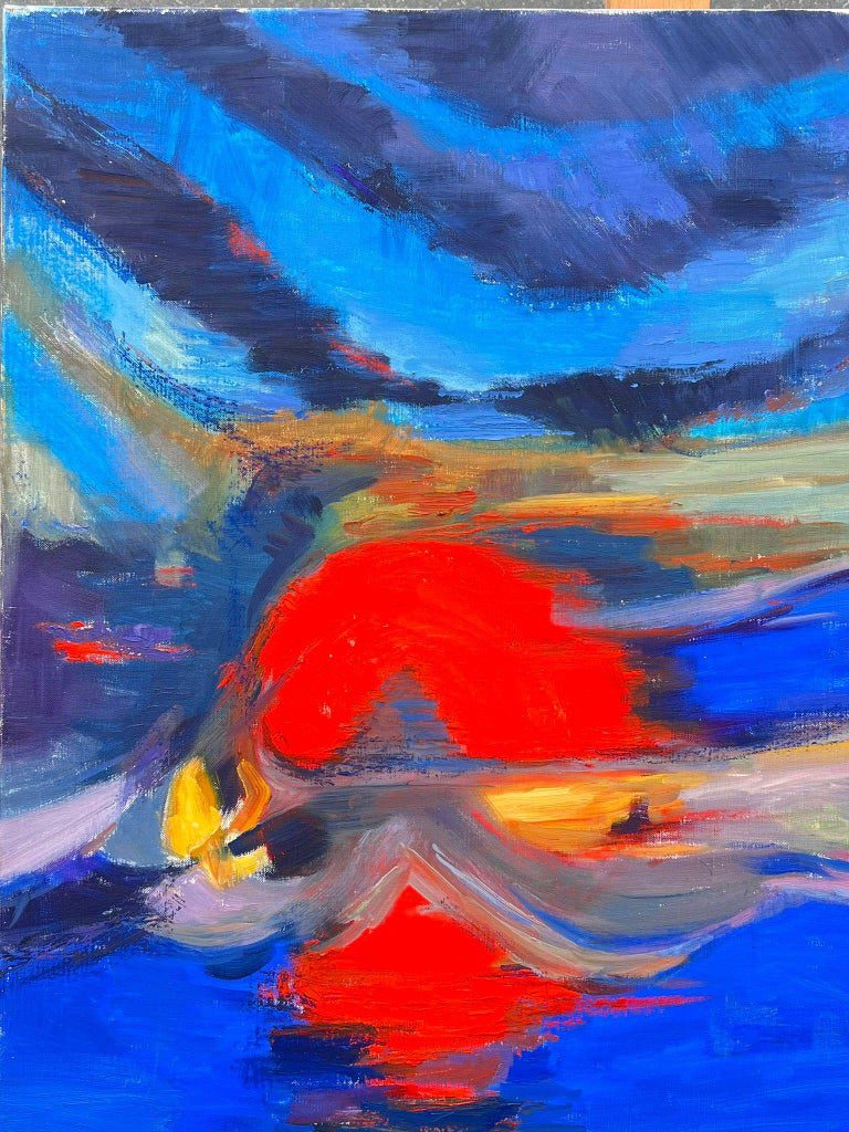 Huge French Contemporary Abstract Composition Painting Red Sunset Blue Skies - Image 3