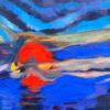 Huge French Contemporary Abstract Composition Painting Red Sunset Blue Skies
