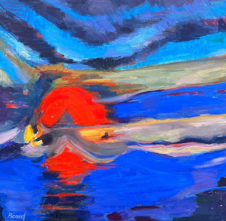 Huge French Contemporary Abstract Composition Painting Red Sunset Blue Skies