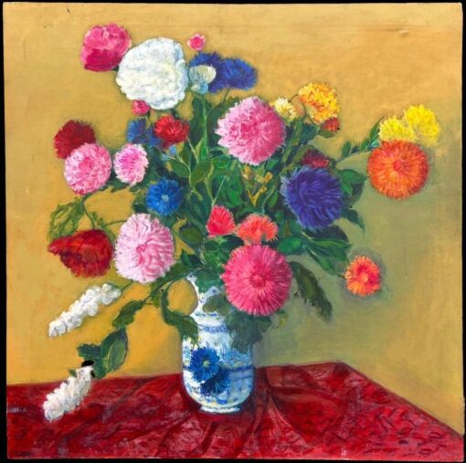 Huge 20th Century Still Life Bright Colorful Flowers in Blue & White Vase - Image 2