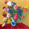 Huge 20th Century Still Life Bright Colorful Flowers in Blue & White Vase