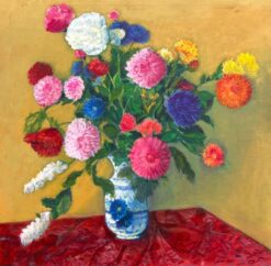 Huge 20th Century Still Life Bright Colorful Flowers in Blue & White Vase