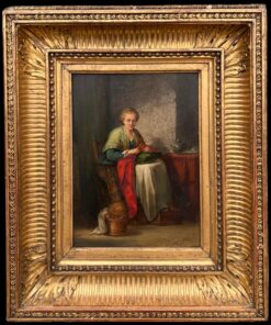 Fine French Antique Oil Painting Panel Lady Seated in Cottage Interior Knitting