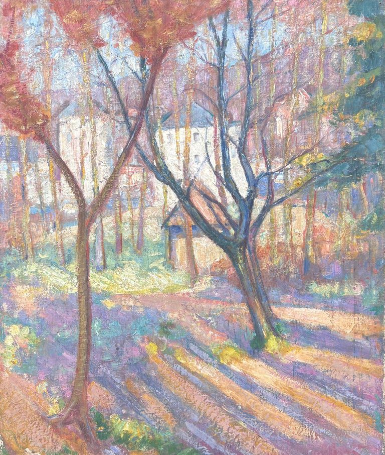 Fine Antique French Impressionist Oil Painting Woodland Gardens Old Stone House