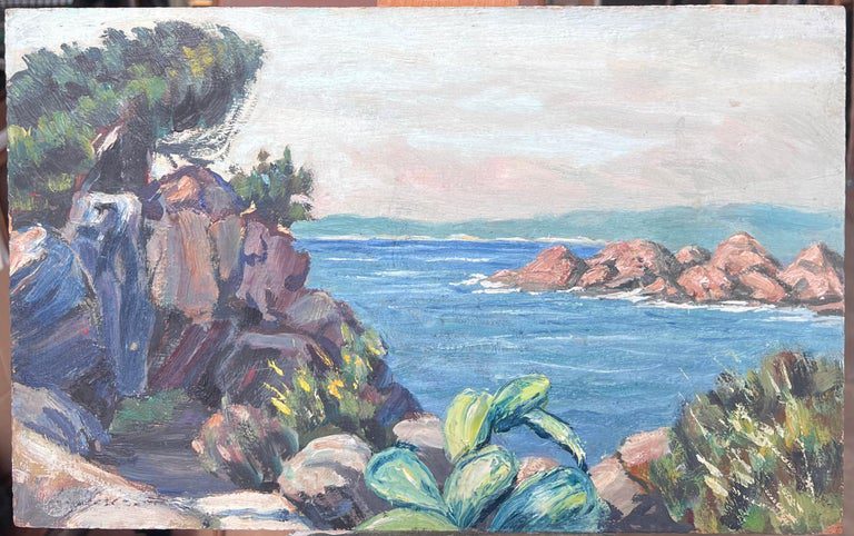 Cote d'Azur French Impressionist Signed Oil Mid 20th Century Rocky Coastline - Image 2